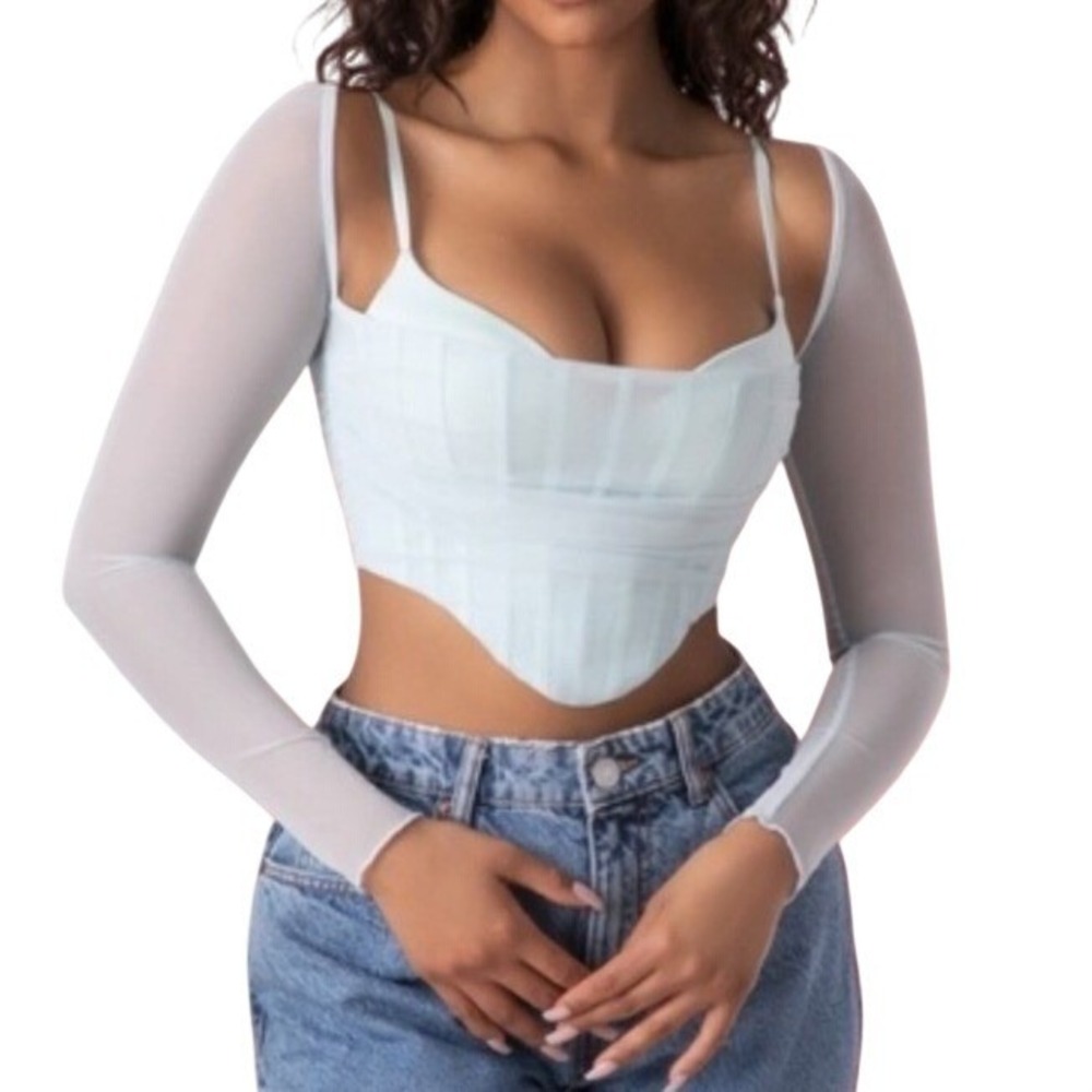 Oh Polly Aqua Corset Crop Top Sheer Mesh Coquette Feminine Party Sexy Glam sz 4
